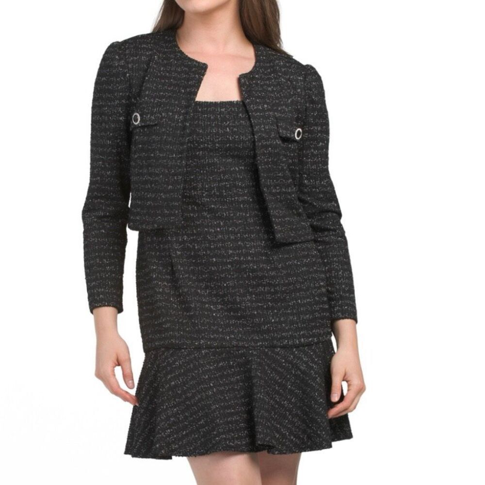 TAYLOR | 2 Piece Set Boucle Mini Dress With Jacket Black Silver Ruffle Hem | 12